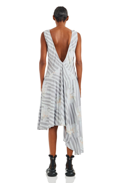 WASHED WAVY NAVY FLOWER STRIPE TULIP DRESS